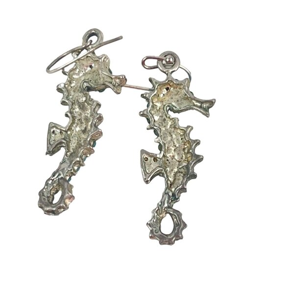 Vintage Seahorse Earrings With Aqua Rhinestones - Picture 6 of 8